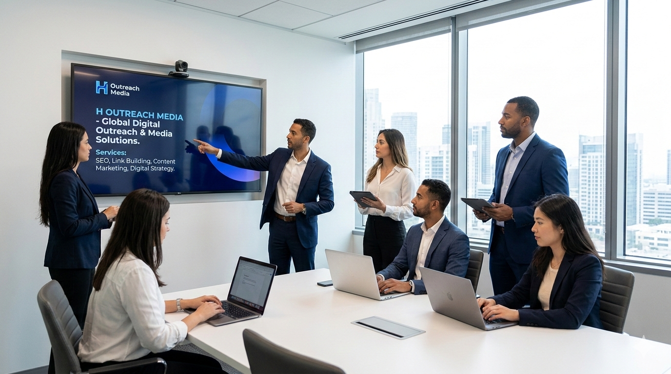 H Outreach Media team members collaborating in a modern office, discussing global digital outreach, SEO, and link building services.